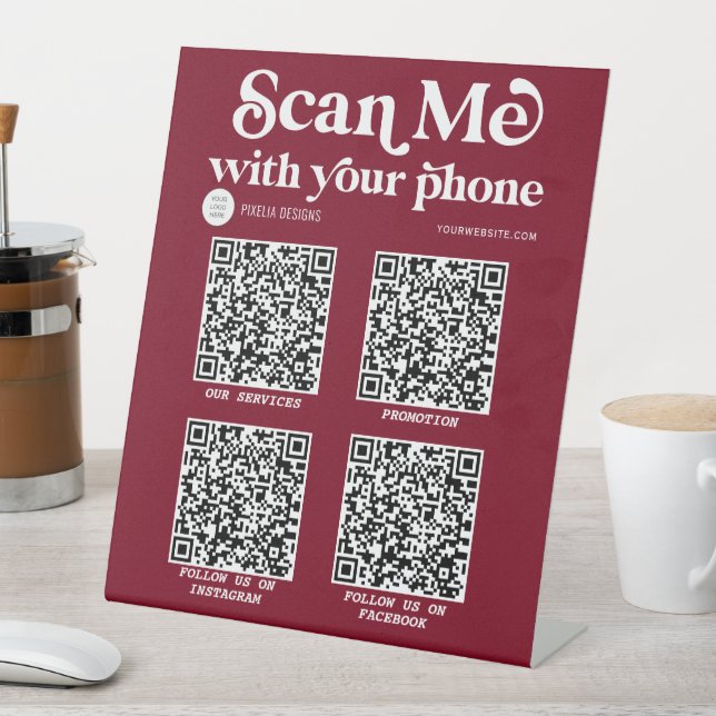 Burgundy modern typography QR code scannable  Pedestal Sign (In SItu)