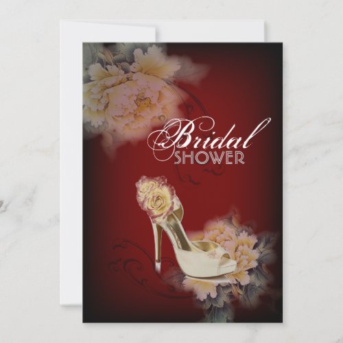 burgundy modern vintage peony floral bridal shower invitation