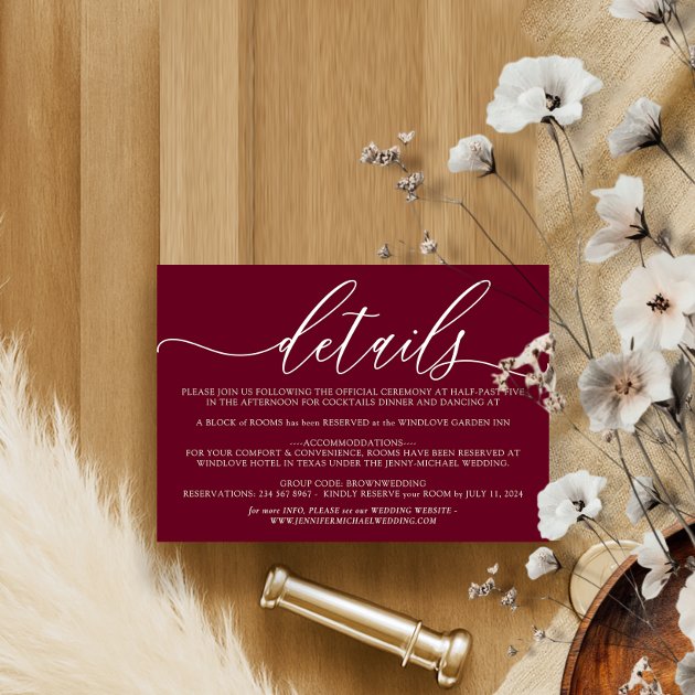 Burgundy Modern Wedding Accommodation Details RSVP Card