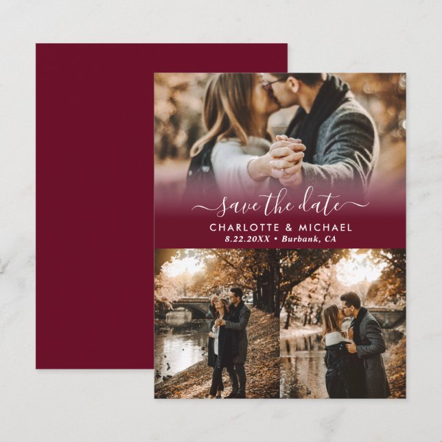 Burgundy Modern Wedding Photo Save The Date Cards (Front/Back)