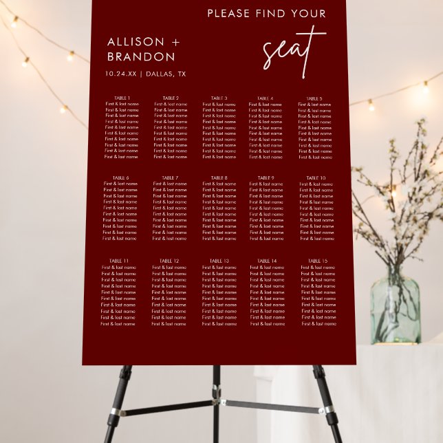 Burgundy Modern Wedding Seating Chart Foam Board (In Situ (Stand))