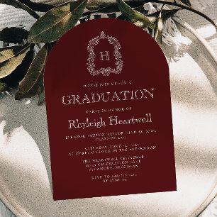 Burgundy Monogram Crest Arch Graduation Party Invitation
