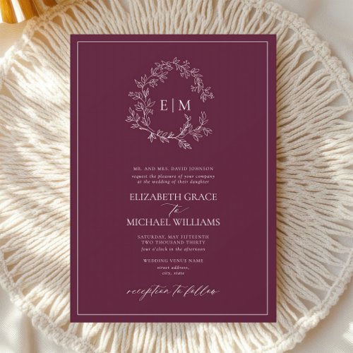 Burgundy Monogram Crest Botanical Wedding Invitation