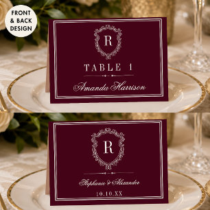 Burgundy Monogram Crest Wedding Guest Place Card