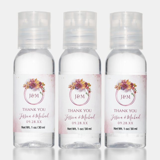 Burgundy Monogram Fall Bouquet Wedding Thank You Hand Sanitizer (Set)
