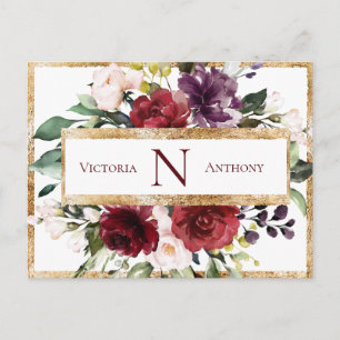 Burgundy Monogram Floral Gold Save the Date Postcard