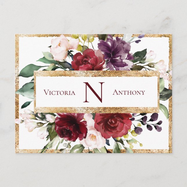 Burgundy Monogram Floral Gold Save the Date Postcard (Front)