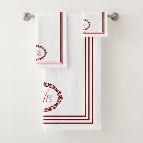 Burgundy Monogram in Floral Ovals with Rectangles Bath Towel Set