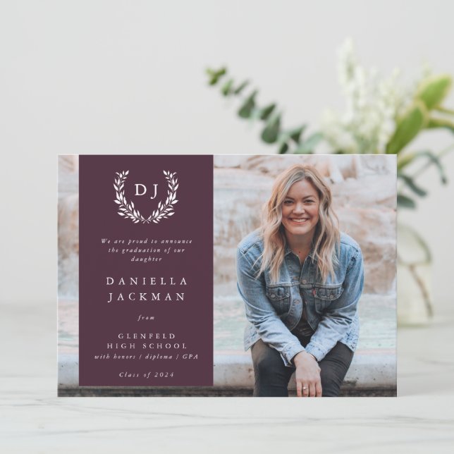 Burgundy Monogram Laurel Wreath Graduation Photo Announcement (Standing Front)