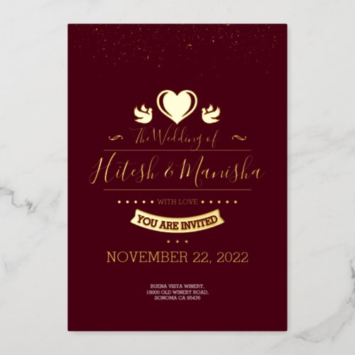 Burgundy Monogram logo with dove wedding gold Foil Invitation