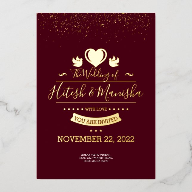Burgundy Monogram logo with dove wedding gold Foil Invitation (Front)