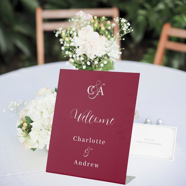 Burgundy monogram modern simple wedding welcome pedestal sign (Creator Uploaded)