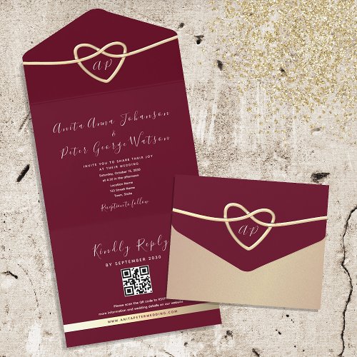 Burgundy Monogram QR Code Wedding All In One Invitation