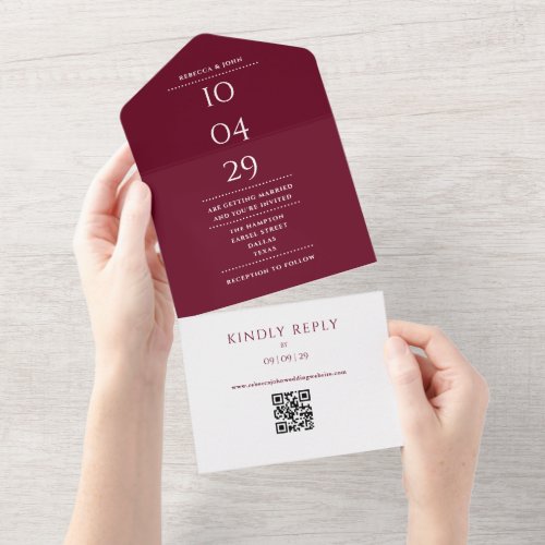 Burgundy Monogram QR Code Wedding Date All In One Invitation