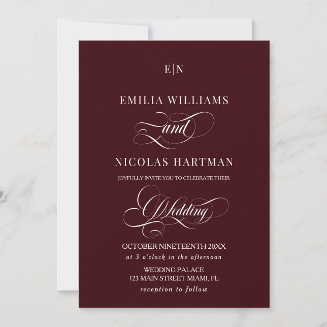 Burgundy Monogram Romantic Wedding Invitation (Front)