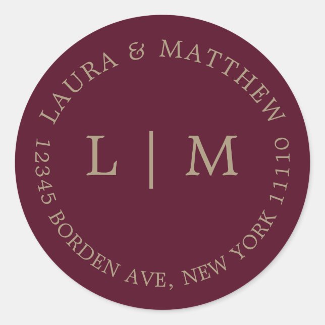 Burgundy Monogram Wedding Classic Round Sticker (Front)