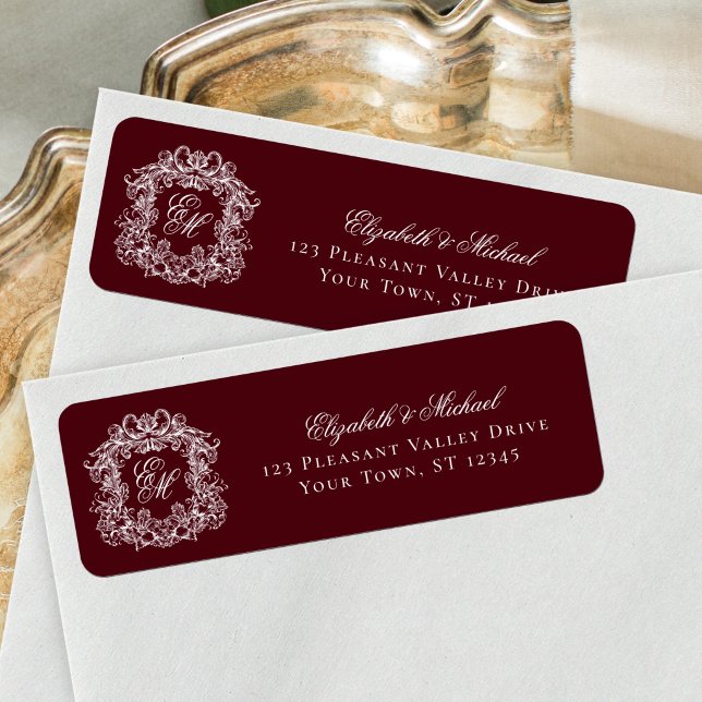 Burgundy Monogram Wedding Crest Return Address Label (Creator Uploaded)