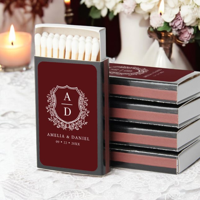 Burgundy Monogram Wedding Floral Crest Matchboxes (Creator Uploaded)