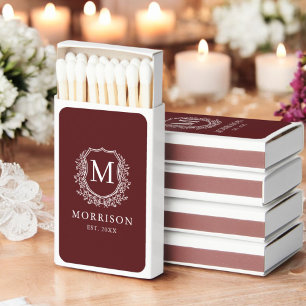 Burgundy Monogram Wedding Floral Crest Matchboxes