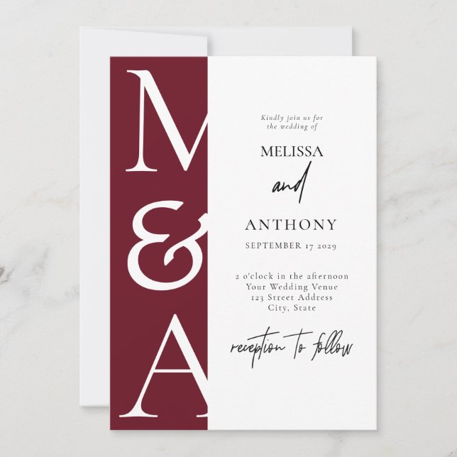 Burgundy Monogram Wedding Invitation (Front)
