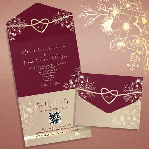 Burgundy Monogram Wedding QR Code All In One Invitation