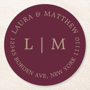 Burgundy Monogram Wedding Round Paper Coaster