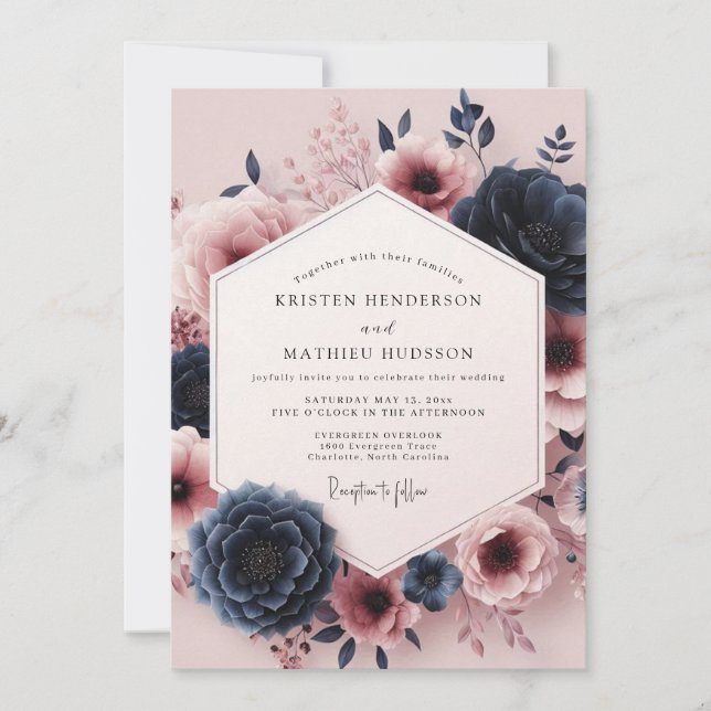 Burgundy Moody Bloom Assemblage Wedding Invitation (Front)