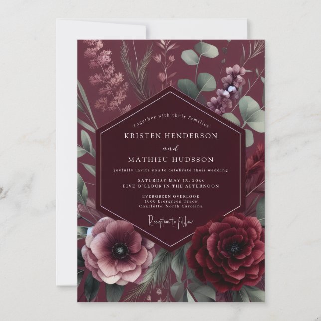 Burgundy Moody Botanical Romance Wedding Invitation (Front)