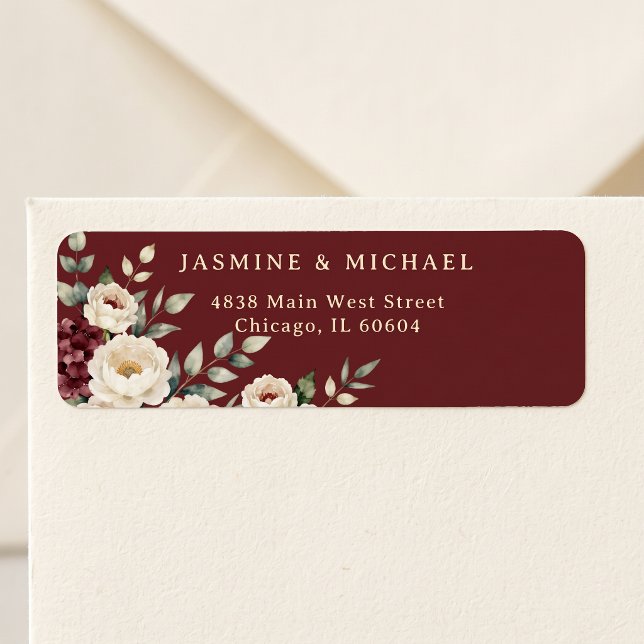 Burgundy Moody Floral White Peony Wedding Address Label (Creator Uploaded)