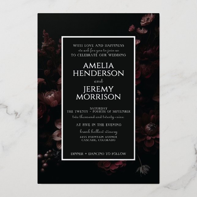 Burgundy Moody Floral with Details Foil Invitation (Front)