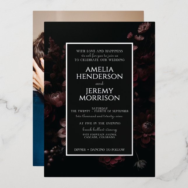 Burgundy Moody Floral with Photo Foil Invitation (Front/Back)
