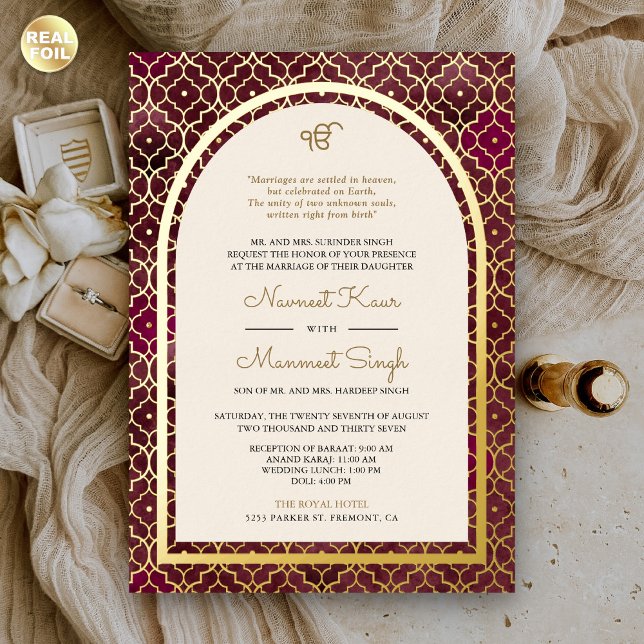 Burgundy Moroccan Pattern Sikh Arch Wedding Gold Foil Invitation (Creator Uploaded)
