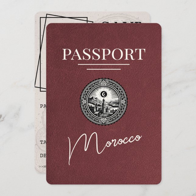 Burgundy Morocco Passport Save The Date (Front/Back)