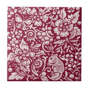 Burgundy Mouse Maroon Woodland Animal Ornate Ceramic Tile