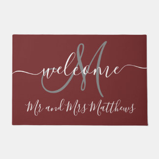 Burgundy Mr and Mrs Monogram Script Wedding Doormat