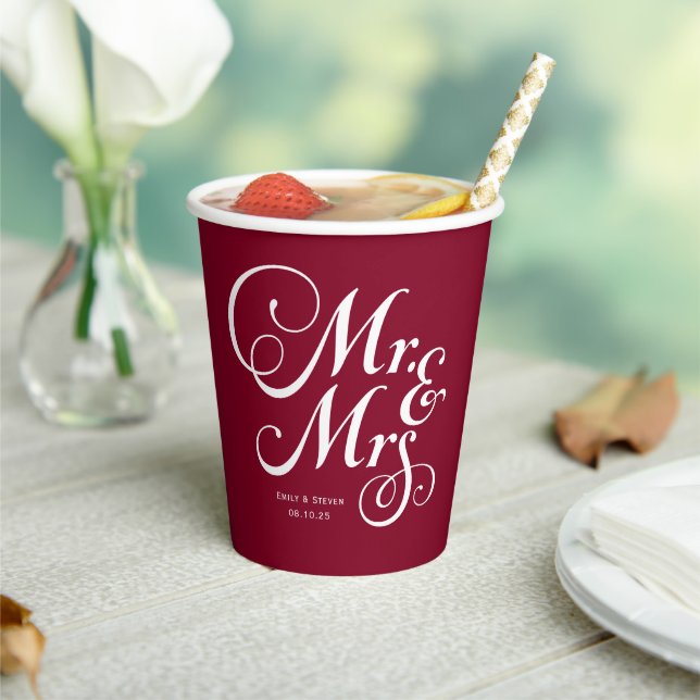 Burgundy Mr. & Mrs. personalized rustic wedding Paper Cups (Insitu)