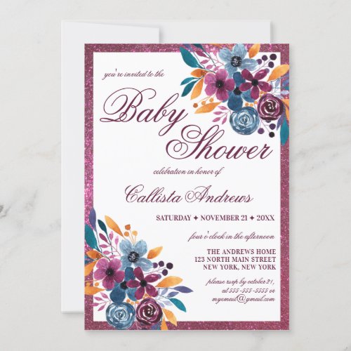 Burgundy Mustard Watercolor Flowers Baby Shower Invitation