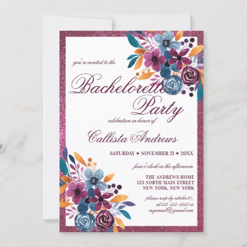 Burgundy Mustard Watercolor Flowers Bachelorette Invitation