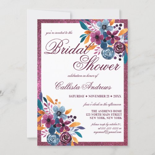 Burgundy Mustard Watercolor Flowers Bridal Shower Invitation