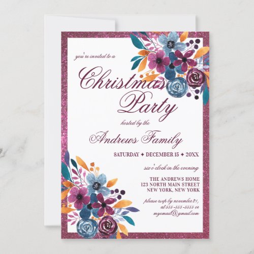 Burgundy Mustard Watercolor Flowers Christmas Invitation