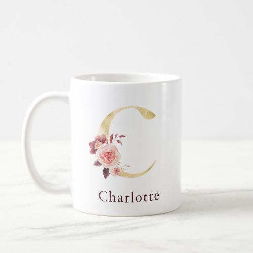 Burgundy Name and Pink Floral Monogram Letter C Coffee Mug