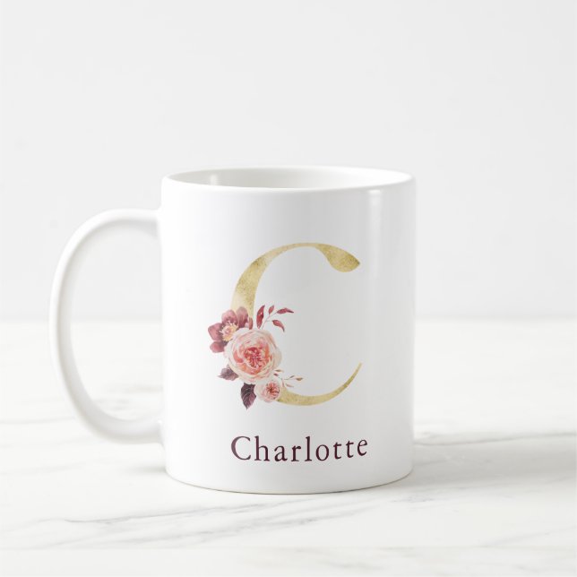 Burgundy Name and Pink Floral Monogram Letter C Coffee Mug (Left)