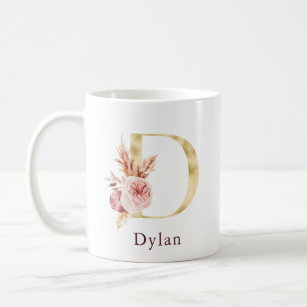 Burgundy Name and Pink Floral Monogram Letter D Coffee Mug