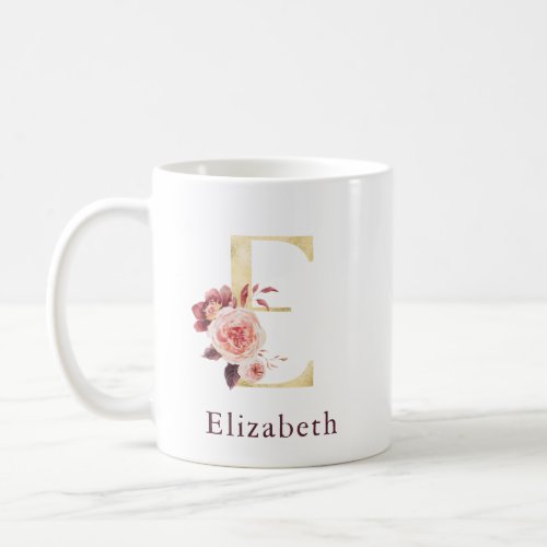 Burgundy Name and Pink Floral Monogram Letter E Coffee Mug