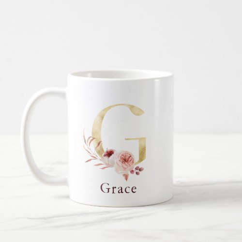 Burgundy Name and Pink Floral Monogram Letter G Coffee Mug