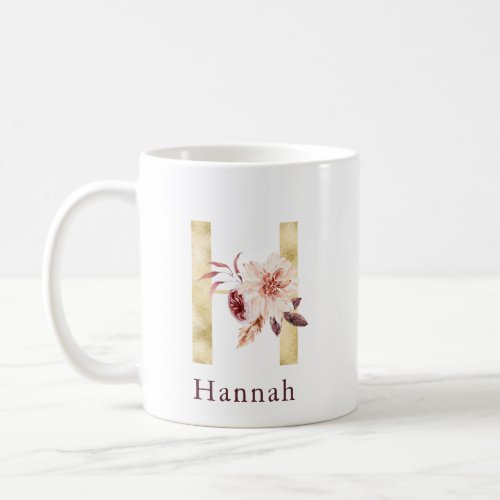 Burgundy Name and Pink Floral Monogram Letter H Coffee Mug