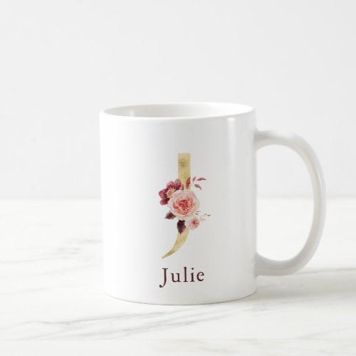 Burgundy Name and Pink Floral Monogram Letter J Coffee Mug