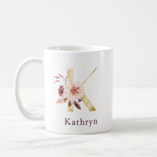 Burgundy Name and Pink Floral Monogram Letter K Coffee Mug