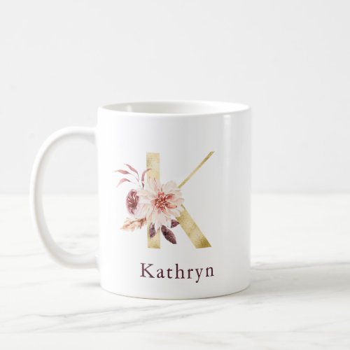 Burgundy Name and Pink Floral Monogram Letter K Coffee Mug