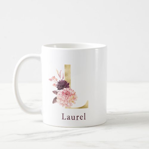 Burgundy Name and Pink Floral Monogram Letter L Coffee Mug